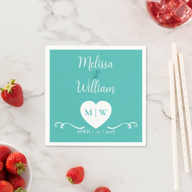 Bride Groom Teal White Elegant Wedding paper Napkin (Insitu)