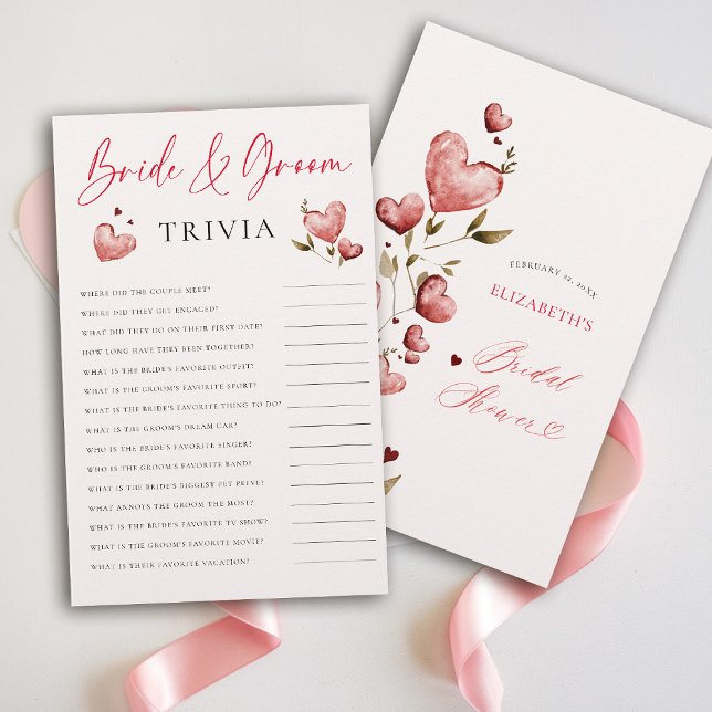 Bride Groom Trivia Valentine Bridal Shower Elegant Flyer (valentine bridal shower game bride groom trivia brunch bubbly watercolor hearts showered with love)