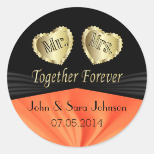 Bride & Groom Wedding in Orange Personalise Classic Round Sticker