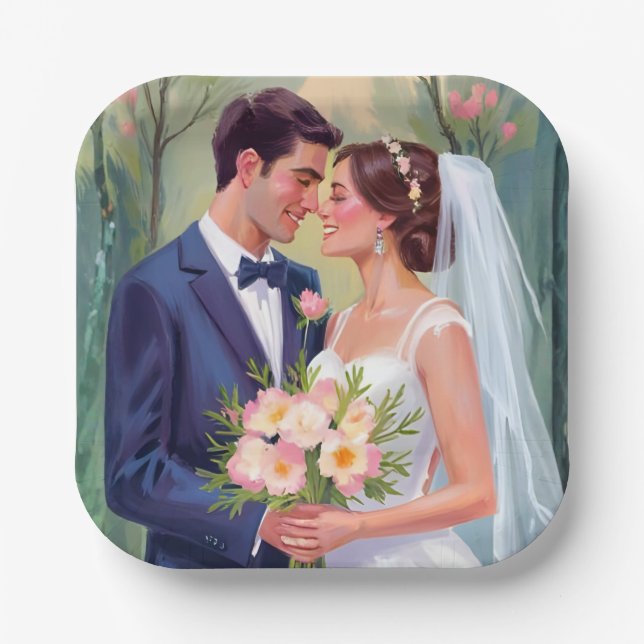 Bride & Groom | Wedding Newlyweds Watercolor Paper Plate (Front)