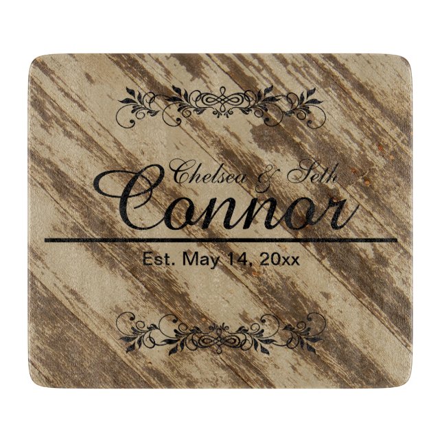 Bride & Groom Wedding on Grunge Wood | DIY Text Cutting Board (Front)