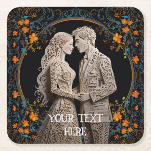 Bride & Groom Wedding Personalized Square Paper Coaster