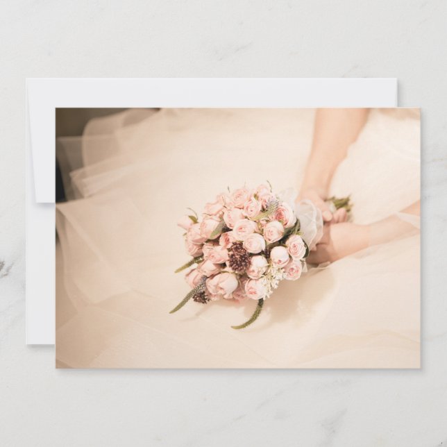 Bride holding pink rose bouquet on wedding invite (Front)