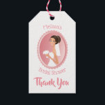 Bride in a Veil with Bouquet Bridal Shower Thanks Gift Tags<br><div class="desc">Custom gift tags for a bridal shower. Created with an illustration of a smiling bride holding a bouquet of flowers in her fancy white wedding dress and wearing a veil. Set inside a pink oval frame with a scalloped border. The back of the gift tag has a soft pink watercolor...</div>