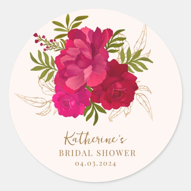 Bride in bloom rose and gold floral bridal shower classic round sticker (Front)