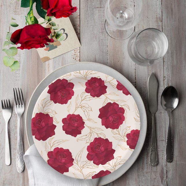 Bride in bloom rose and gold floral bridal shower paper plate (Creator Uploaded)