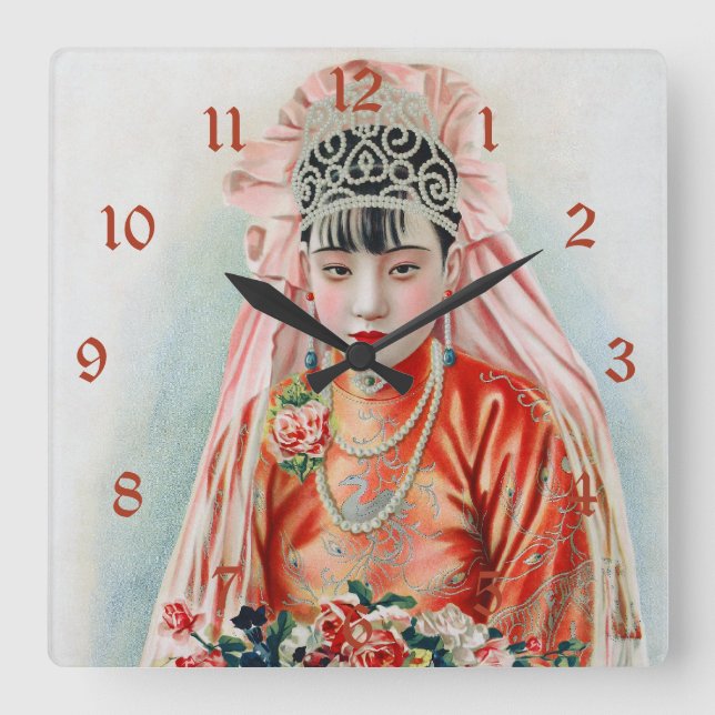 Bride in Chinese Red Shanghai Yuefenpai Square Wall Clock (Front)