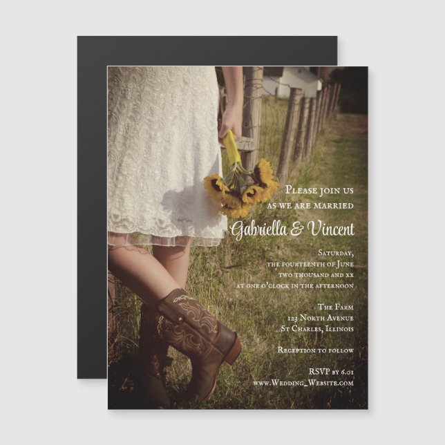 Bride in Cowboy Boots with Sunflower Ranch Wedding Magnetic Invitation (Front/Back)