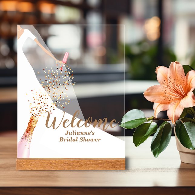 Bride in Gown Bridal Shower Welcome Acrylic Sign (Bride in Gown with Champagne Bridal Shower Welcome Acrylic Sign)