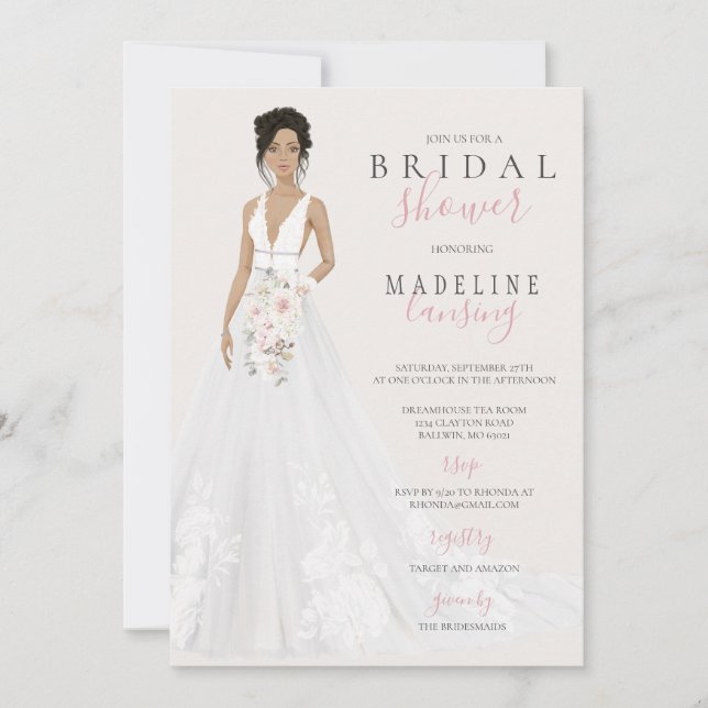 Bride in Lace Wedding Gown Bridal Shower Invitation (Front)