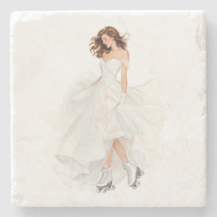 Bride in Motion Roller Skating in Flowing Wedding Stone Coaster