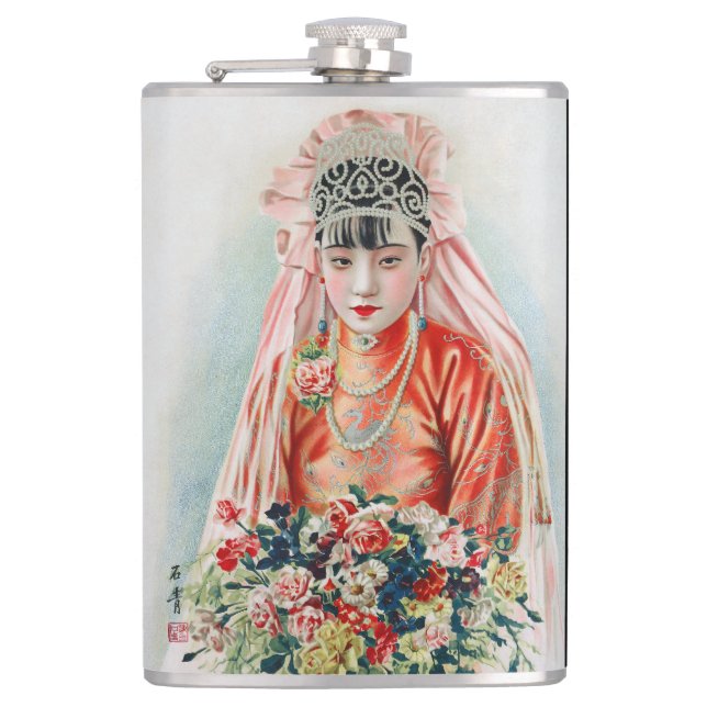 Bride in Red at Chinese Wedding in Shanghai Hip Flask (Front)