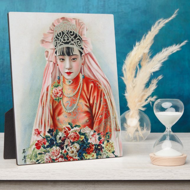 Bride in Red at Chinese Wedding in Shanghai Plaque (Side)