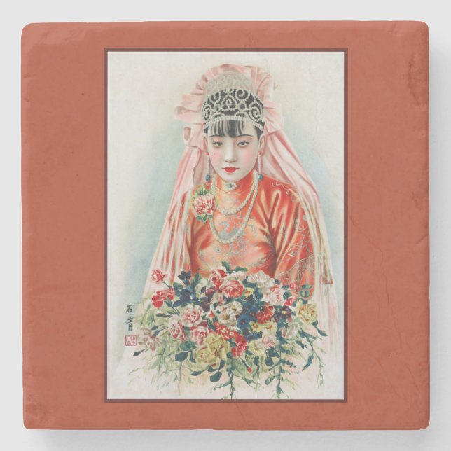 Bride in Red at Chinese Wedding in Shanghai Stone Coaster (Front)