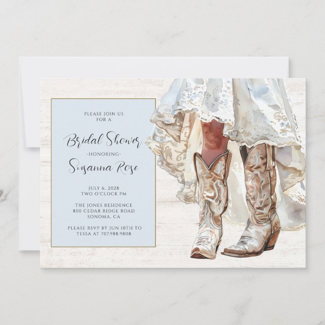 Bride In Wedding Dress Cowgirl Boots In Invitation (Front)