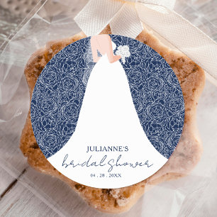 Bride in Wedding Dress Navy Blue Bridal Shower Classic Round Sticker