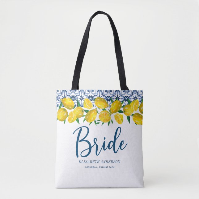 Bride Italian Blue Tile Lemon Boho Wedding  Tote Bag (Front)