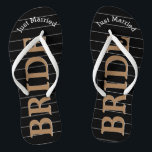 Bride Just Married Faux Gold on Black or Any Colou Thongs<br><div class="desc">Faux Gold White and Black Stripes Pattern - Change to Any Colour by clicking customise. Bride Just Married Gold on Black or Any Colour. You can change the colour of the black background Match any event or make them your favourite colour with gold combination! Can also change the Just Married...</div>