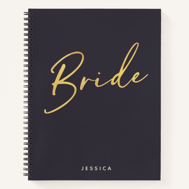 Bride Minimalist Gold Lettering Navy Personalised Notebook (Front)