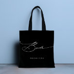 Bride Modern Elegant Script Wedding Custom Name Tote Bag<br><div class="desc">Bride Modern Elegant Script Typography Wedding Custom Name Tote Bag features the simple text "Bride" in an elegant modern white calligraphy script typography. Personalised with your custom name and wedding date. Perfect for the bride for a bridal shower or wedding day. Designed by Evco Studio www.zazzle.com/store/evcostudio</div>