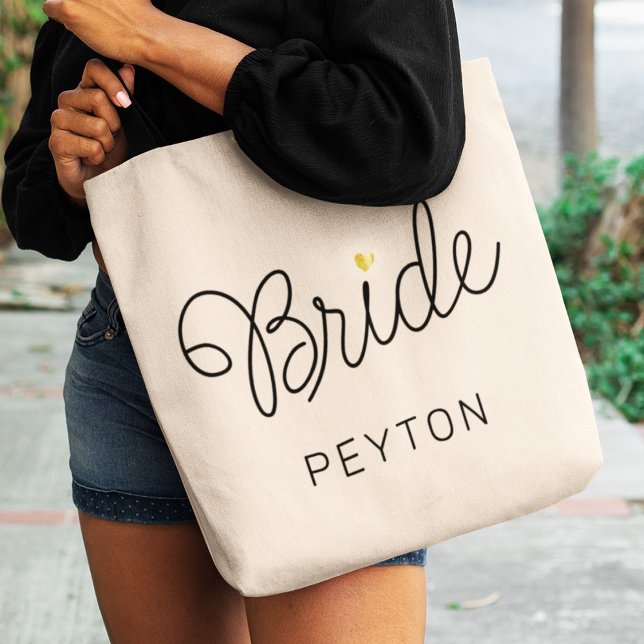 Bride Modern Script Gold Heart Wedding Name Tote Bag (Creator Uploaded)