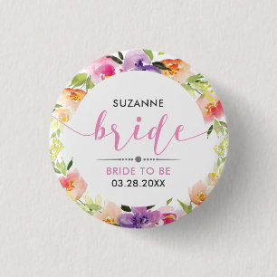 Bride Modern Typography Colourful Flowers Wreath 3 Cm Round Badge
