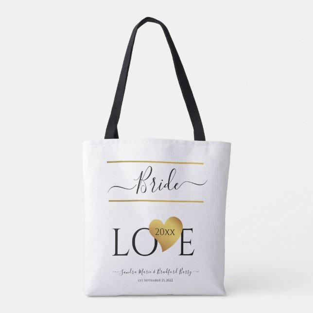 Bride | Mrs. Love text with a Gold Heart Tote Bag (Back)