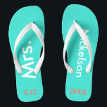 Bride Mrs. Turquoise Blue Thongs<br><div class="desc">Bright turquoise blue with Mrs. and Last Name written in white text and date of wedding in coral to personalise.  Pretty beach destination or honeymoon flip flops for the new bride.  Original designs by TamiraZDesigns.</div>