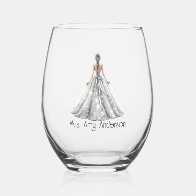 Bride Mrs. Wedding Dress Bridal Gift Custom Stemle Stemless Wine Glass (Front)