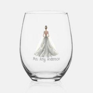 Bride Mrs. Wedding Dress Bridal Gift Custom Stemless Wine Glass