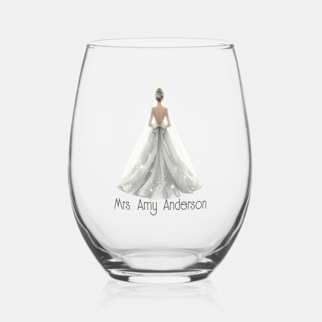 Bride Mrs. Wedding Dress Bridal Gift Custom Stemless Wine Glass (Front)