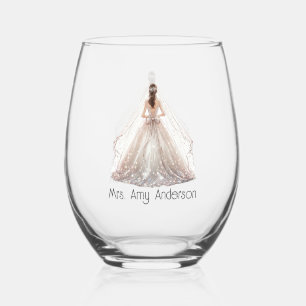 Bride Mrs. Wedding Dress Bridal Gift Custom Stemless Wine Glass