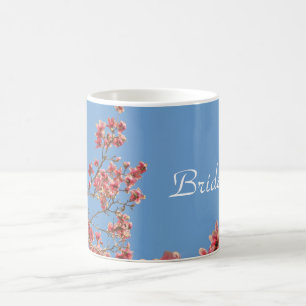 Bride Mug, Pink Blossoms, Text says Bride Coffee Mug