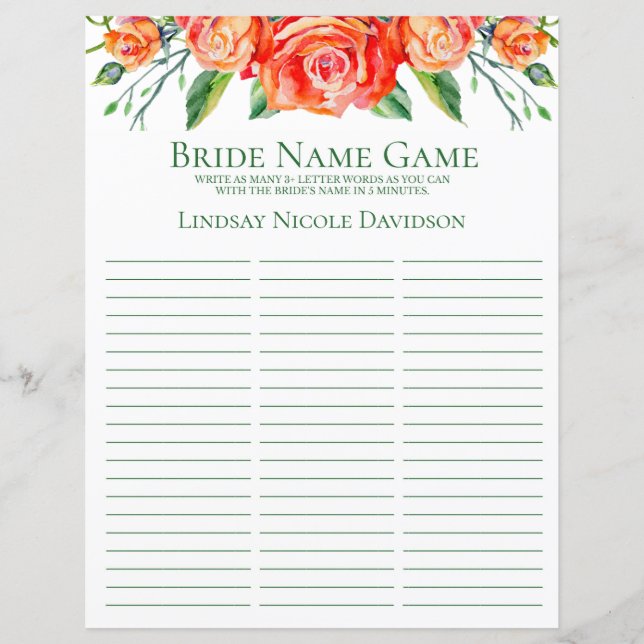 Bride Name Game Coral Roses (Front)