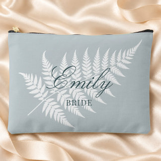 Bride Name Icy Blue White Fern Large Accessory Pouch
