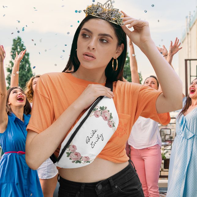 Bride Name Pink Floral Elegant Gold Glitter Geo  Bum Bags (Bride Name Purple Floral Elegant Gold Glitter Geo  Fanny Pack)