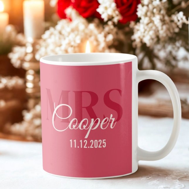 Bride Name With Wedding Date Crimson Red Colour Coffee Mug (Modern wedding bride with marriage date crimson red mug)