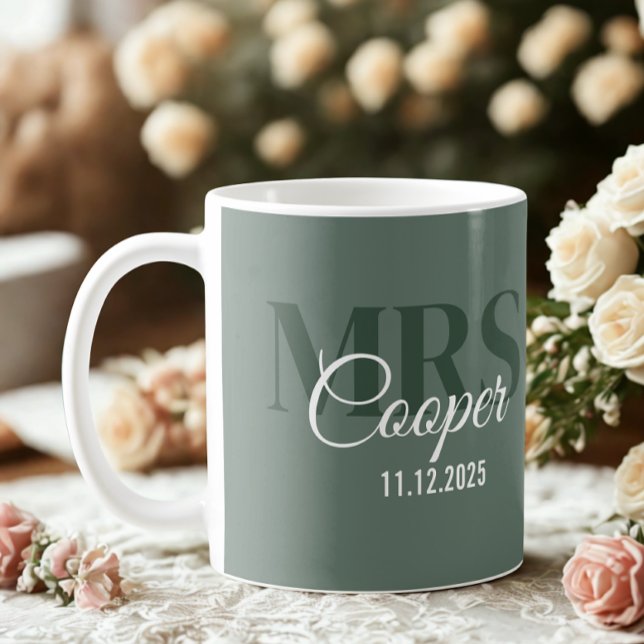 Bride Name With Wedding Date Ivory Colour Text Coffee Mug (Modern wedding bride name and date ivory and white color text mug)