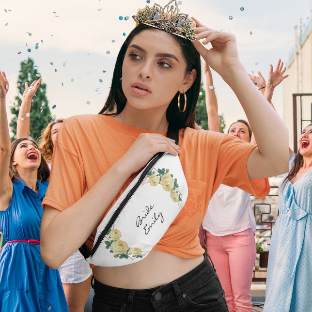 Bride Name Yellow Floral Elegant Gold Glitter Geo  Bum Bags (Bride Name Yellow Floral Elegant Gold Glitter Geo  Fanny Pack Cover)