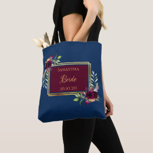 Bride navy blue burgundy floral wedding tote bag