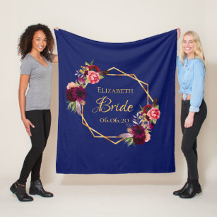 Bride navy blue florals geometric gold fleece blanket