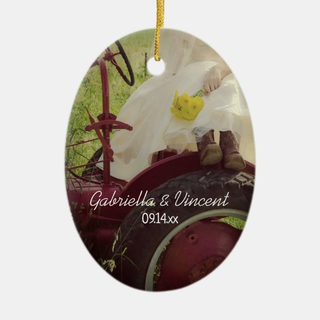 Bride on Red Tractor Country Farm Wedding Ceramic Tree Decoration (Front)