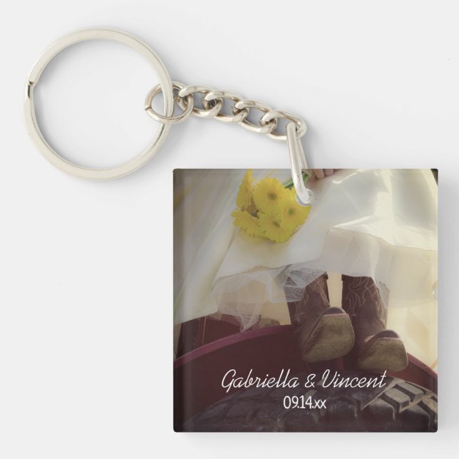 Bride on Red Tractor Country Farm Wedding Key Ring (Front)