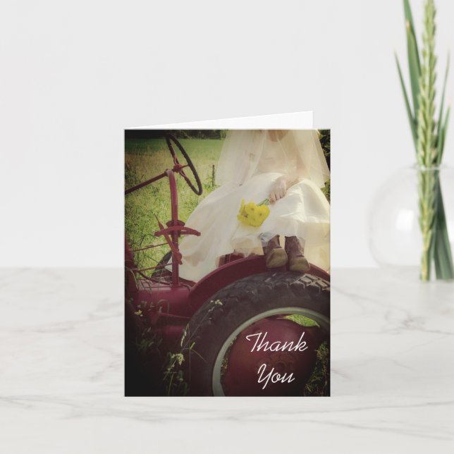 Bride on Red Tractor Farm Wedding Thank You Note (Front)