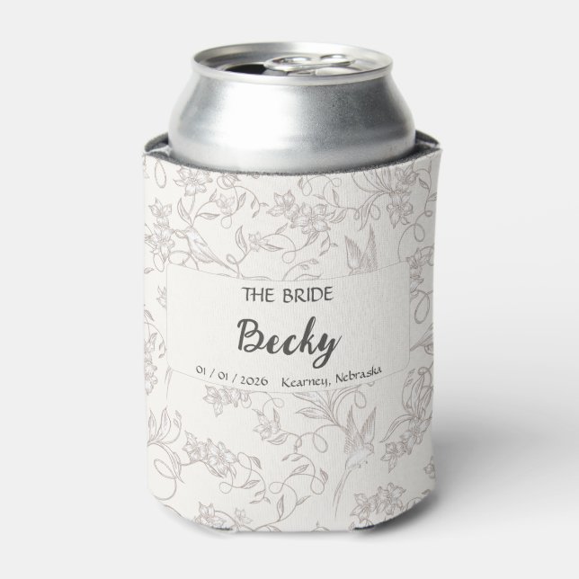 Bride on white floral pattern Wedding Party Can Cooler (Can Front)