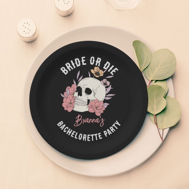 Bride or die black retro skull bachelorette party paper plate (Bride or die black retro skull bachelorette party personalized paper plates party supplies)