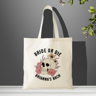 Bride or die black skull bachelorette favours tote bag