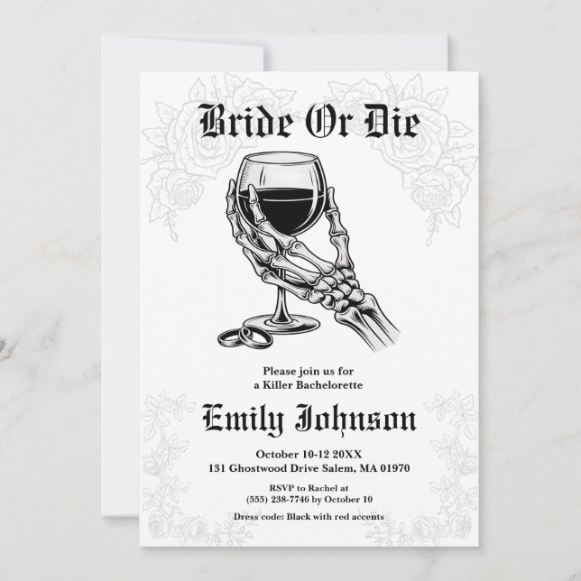 Bride or Die Gothic Skeleton Bachelorette Party Invitation (Front)