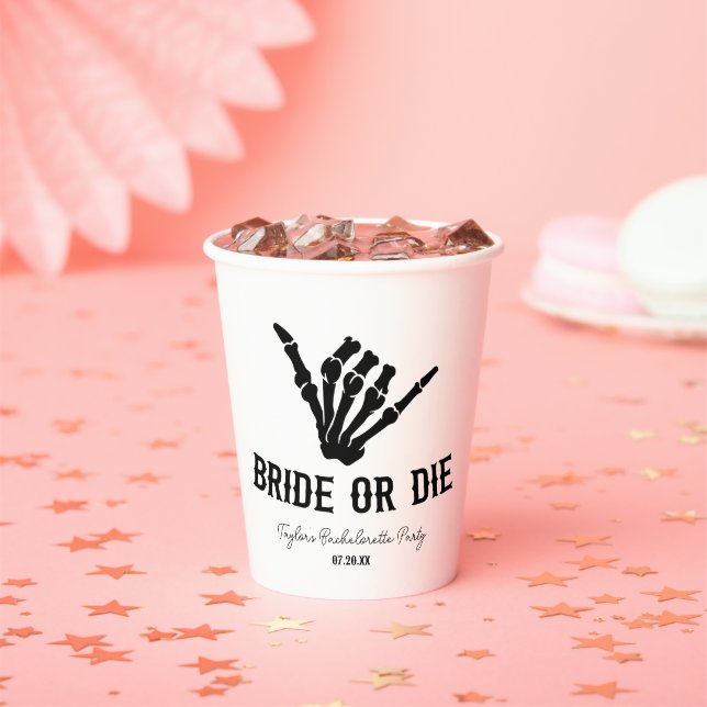 Bride or Die Rockstar Skeleton Bachelorette Party Paper Cups (Insitu)
