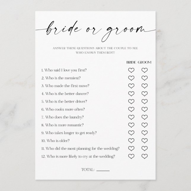 Bride or Groom Bridal Shower Game Program (Front)